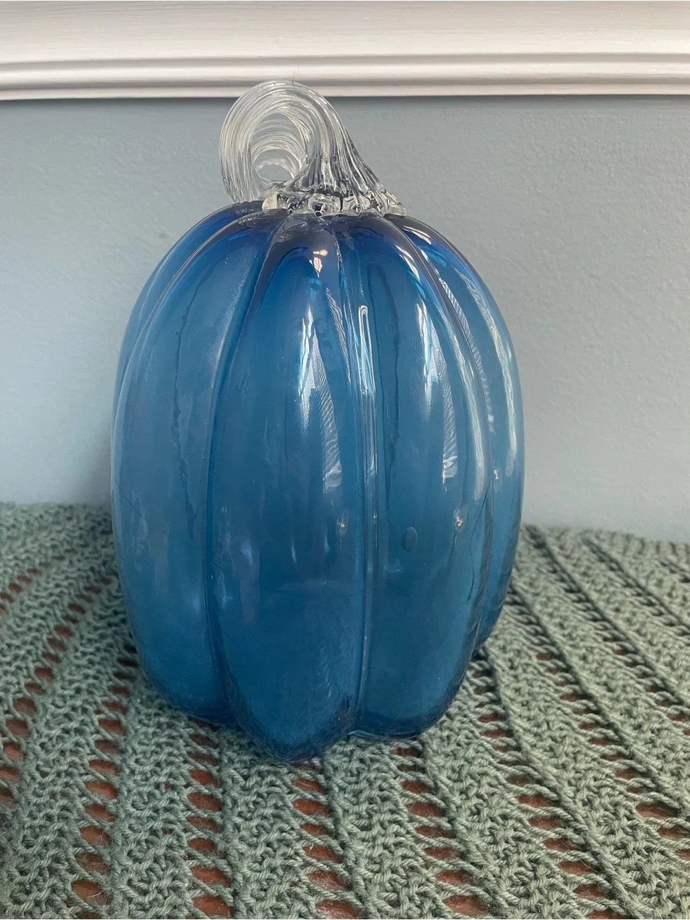 Blue Glass Pumpkin Decorative Accent with Clear Stem